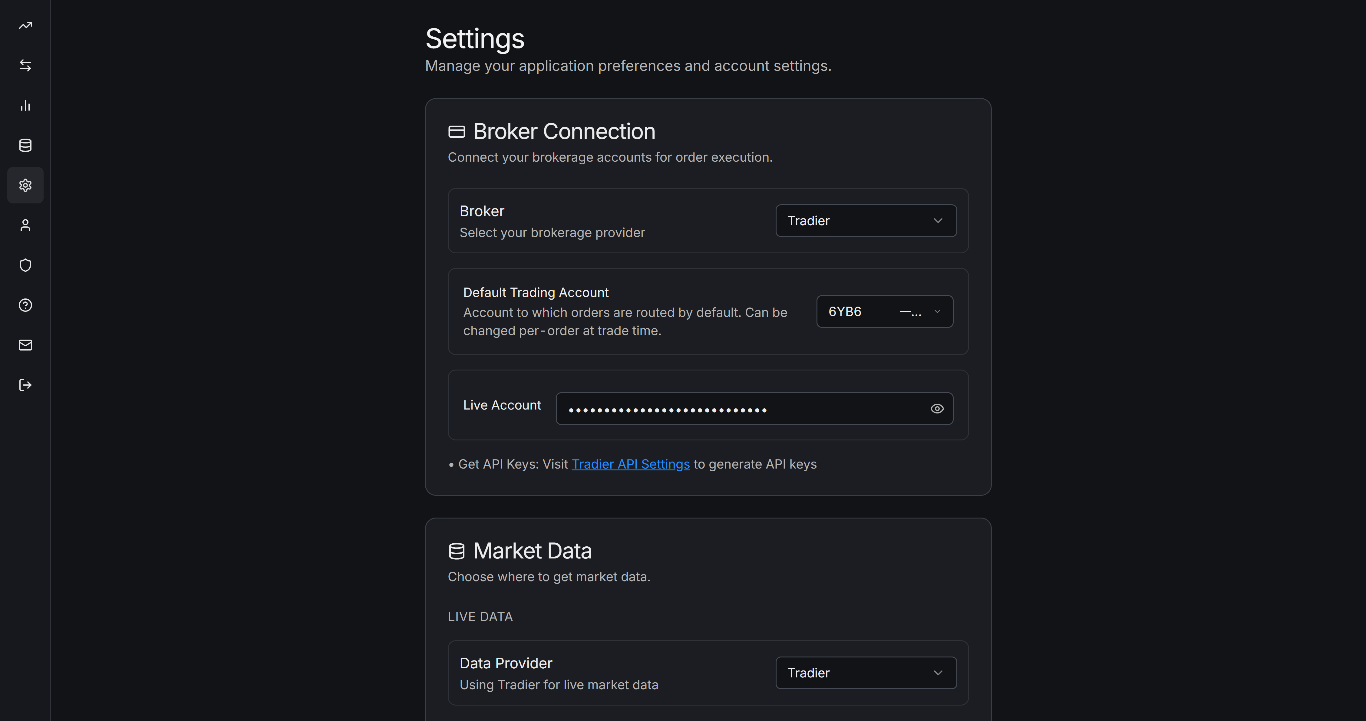 Tradier connection configuration in Settings
